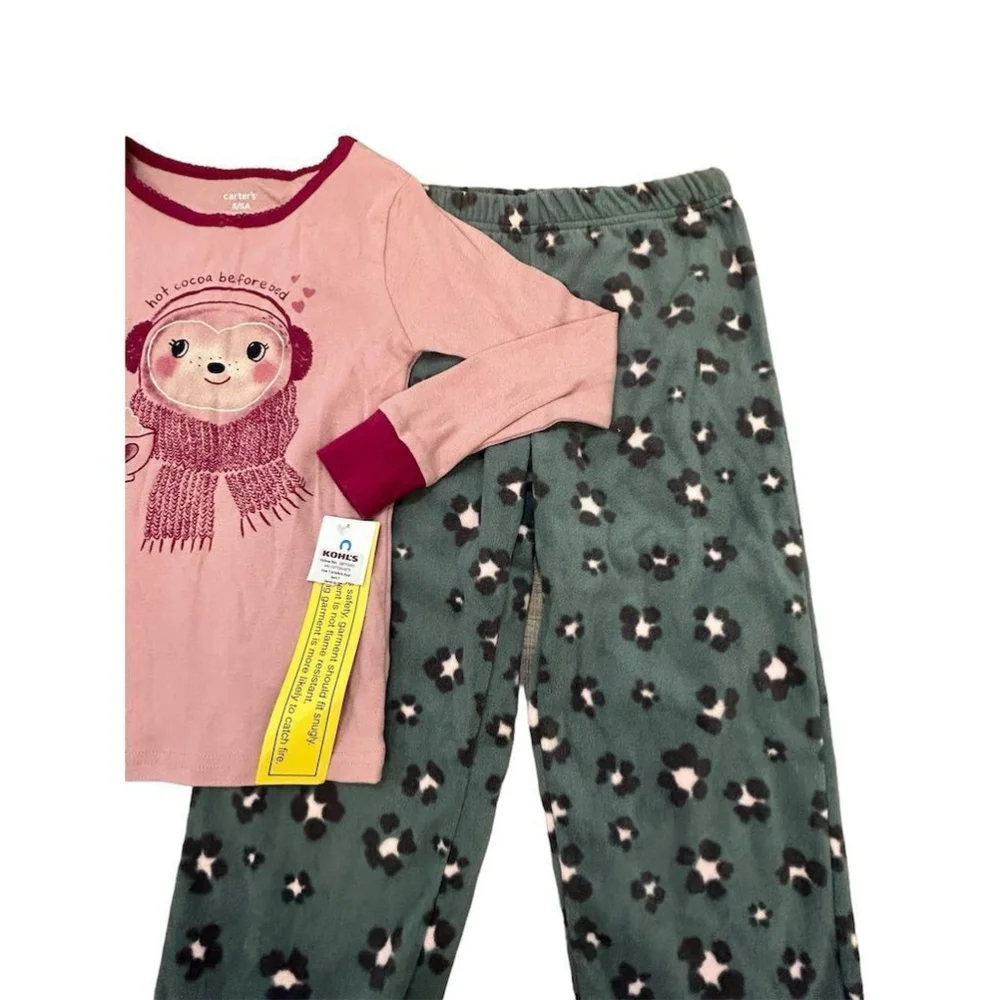 Carter's Girls Two-Piece Pajamas Size 5 Pink Bear Top Green Pants